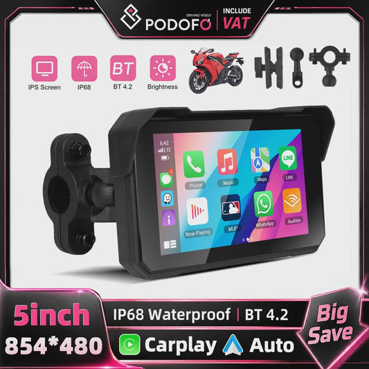 5" IPS Motorfiets Smart Player met GPS, CarPlay & Android Auto - Waterdicht IP68