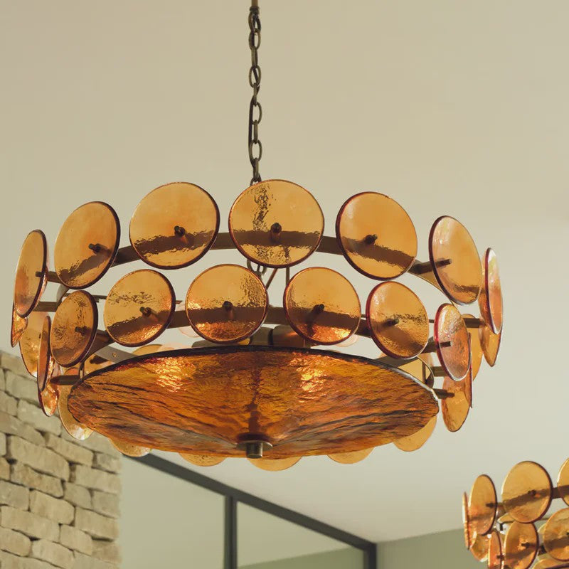 Lorenzo Design Kroonluchter - Italiaans Amber & Groen Art Glass, Bauhaus Stijl