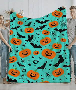 Halloween Pluche Deken met Kraai, Maan & Sterrenprint - Zachte Plaid voor Bank, Bed & Woonkamer