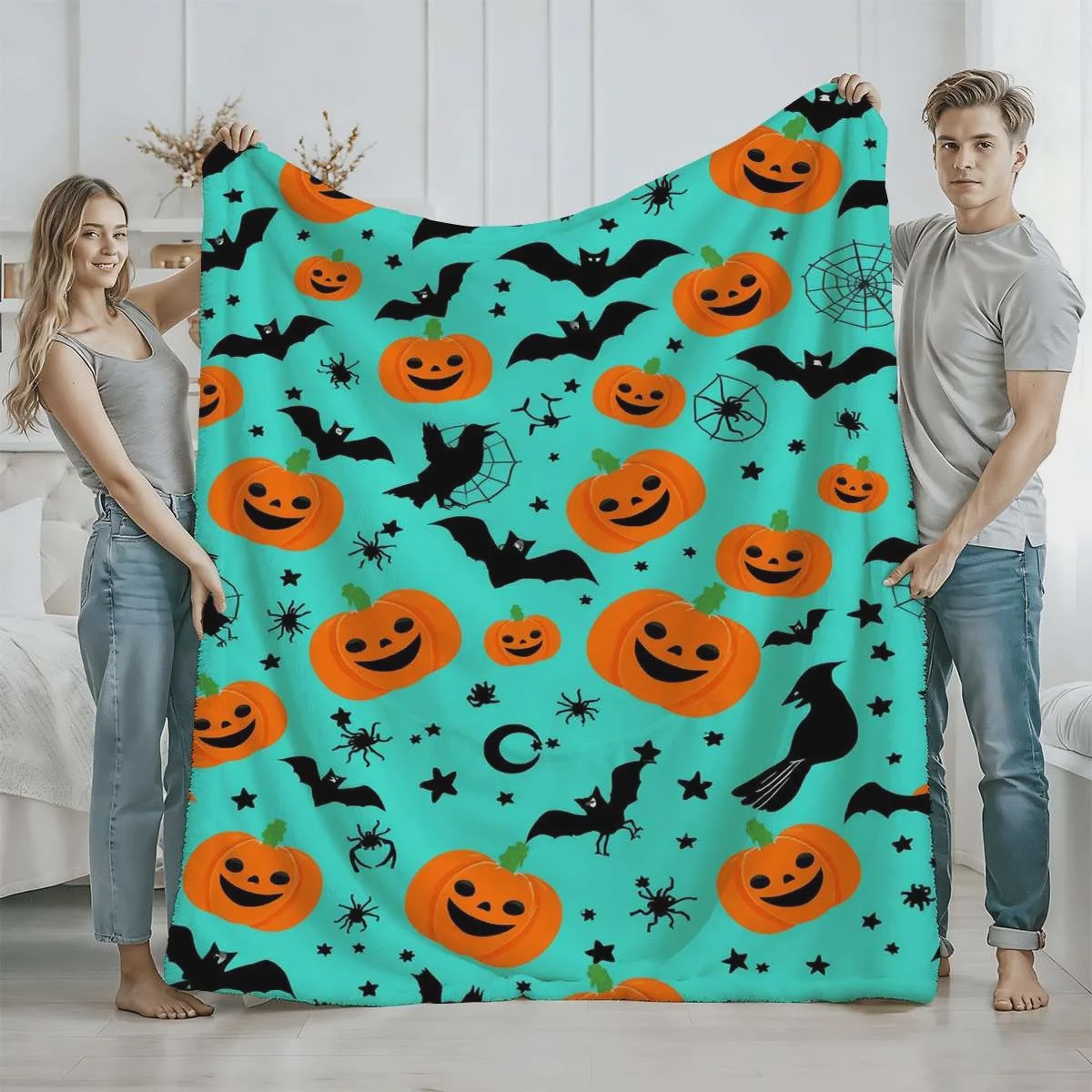 Halloween Pluche Deken met Kraai, Maan & Sterrenprint - Zachte Plaid voor Bank, Bed & Woonkamer