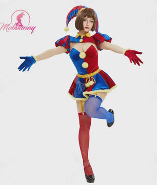 Halloween Clown Dames Kostuum Lingerie Set - Blauw Rood Bodysuit, Rokje, Handschoenen & Hoed