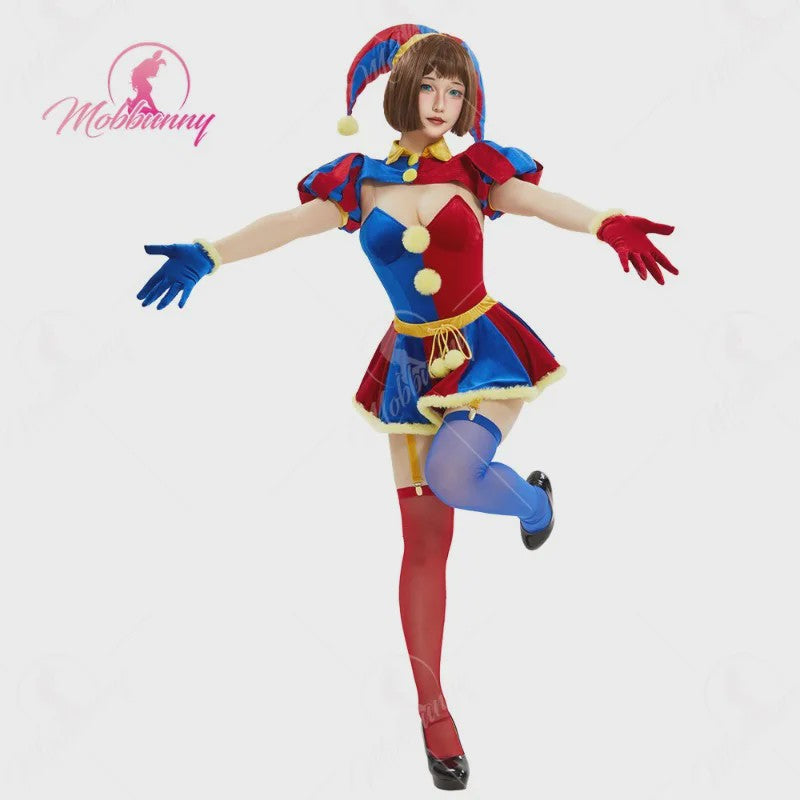 Halloween Clown Dames Kostuum Lingerie Set - Blauw Rood Bodysuit, Rokje, Handschoenen & Hoed