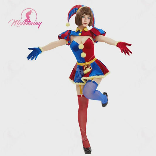Halloween Clown Dames Kostuum Lingerie Set - Blauw Rood Bodysuit, Rokje, Handschoenen & Hoed