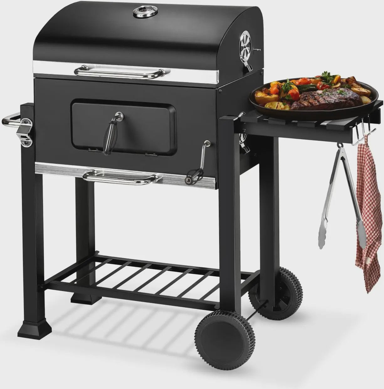 Zwarte Trolley Barbecue met Wielen, Deksel en Thermometer - 115x68x107 cm