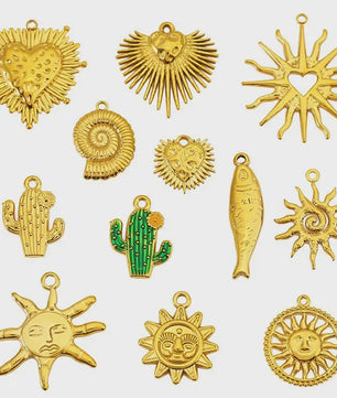 Set van 4 Gouden Bedeltjes: Zon, Hart, Schelp, Vis & Cactus - Roestvrij Staal 18k Goud PVD - DIY Sieraden Maken