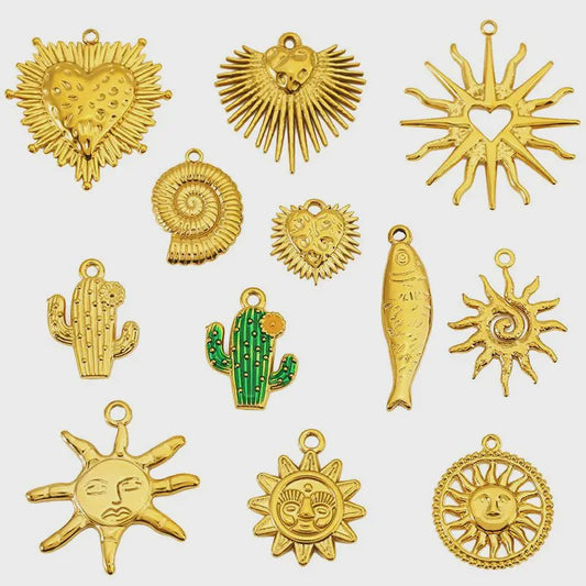 Set van 4 Gouden Bedeltjes: Zon, Hart, Schelp, Vis & Cactus - Roestvrij Staal 18k Goud PVD - DIY Sieraden Maken