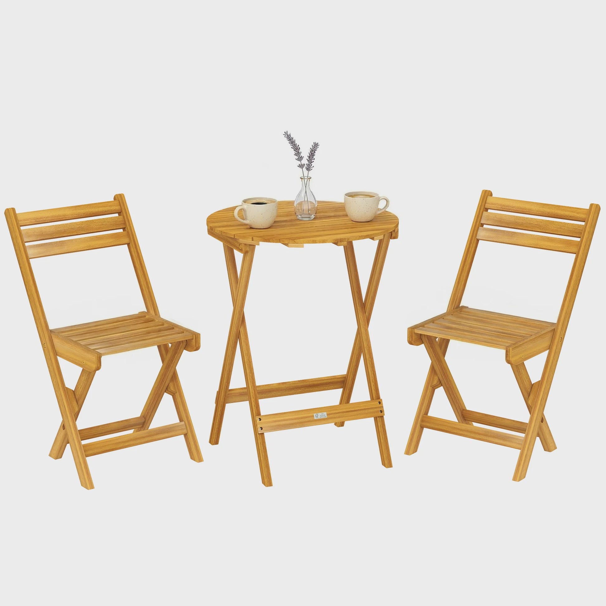 Outsunny 3-delige Inklapbare Bisterset van Acaciahout met Ronde Tafel en 2 Stoelen