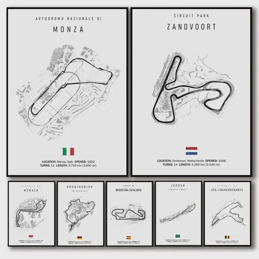 Vintage Formule 1 Circuit Canvas Posters - Zwart Wit Wanddecoratie