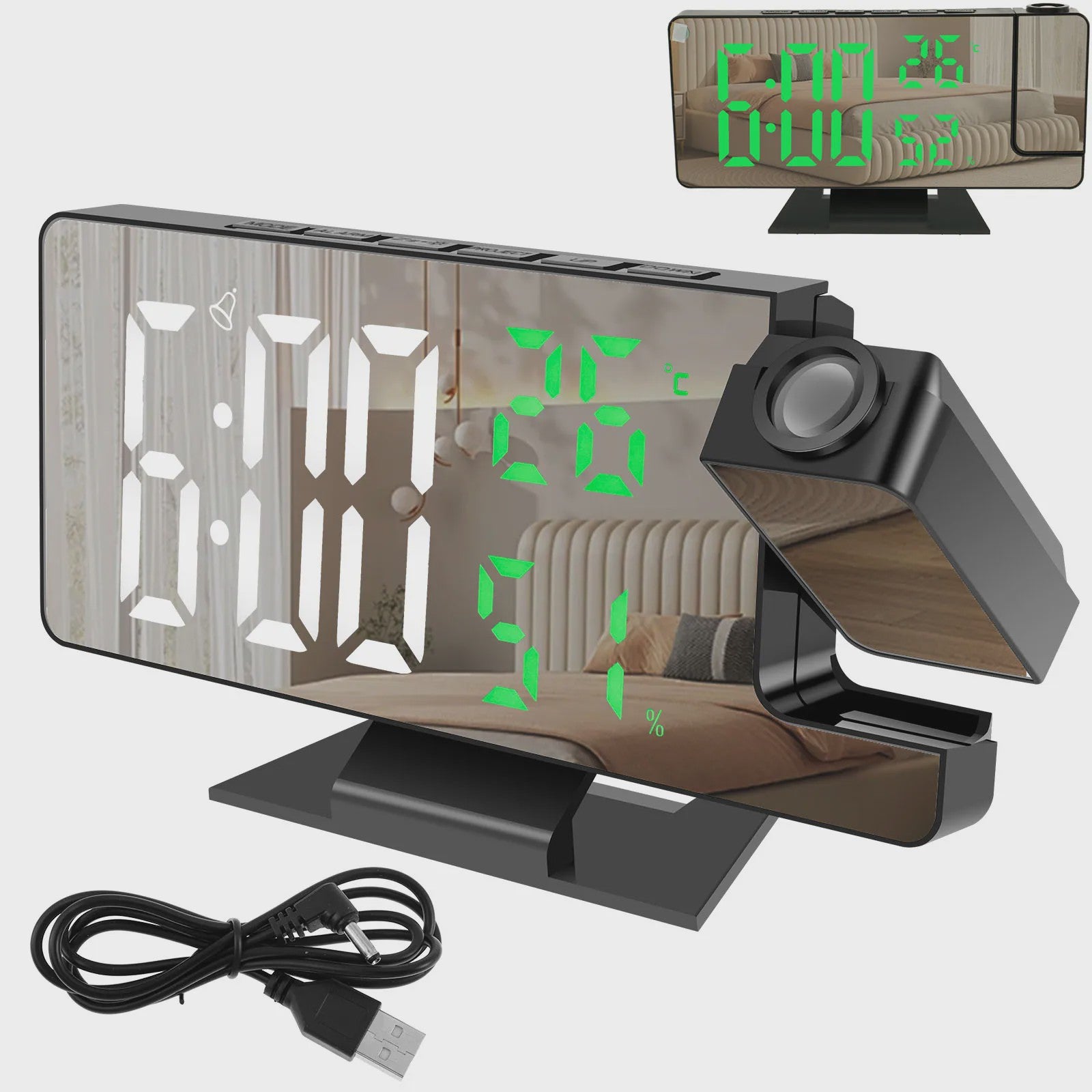 Moderne LED Digitale Projectiewekker met Spiegel & 180° Draaibare Projector