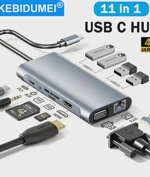 11-in-1 USB-C Hub Docking Station met 4K HDMI, PD, RJ45 & Kaartlezers