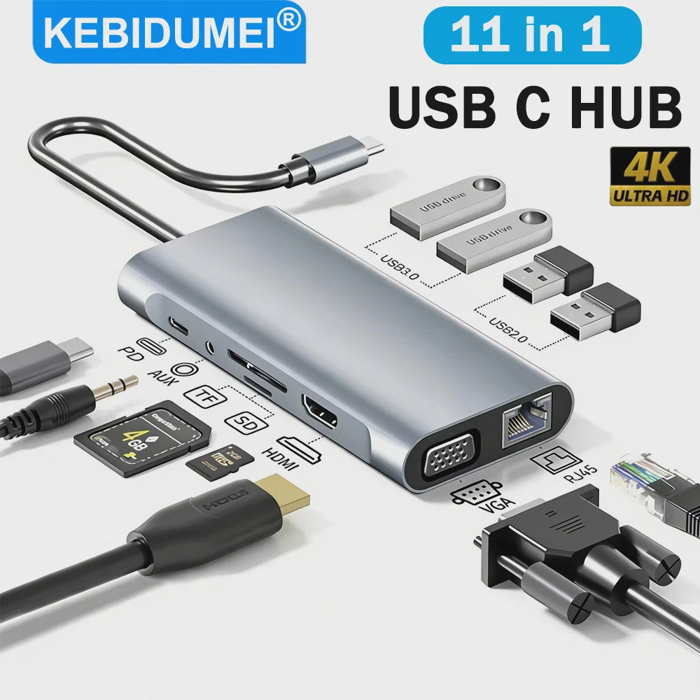 11-in-1 USB-C Hub Docking Station met 4K HDMI, PD, RJ45 & Kaartlezers