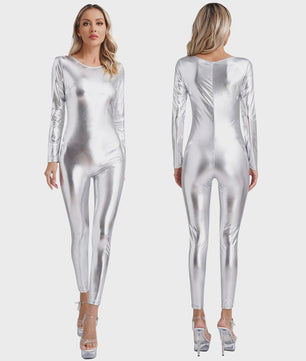 Glanzende Metallic Jumpsuit Dames - Lange Mouw Bodysuit voor Feest, Rave & Festival