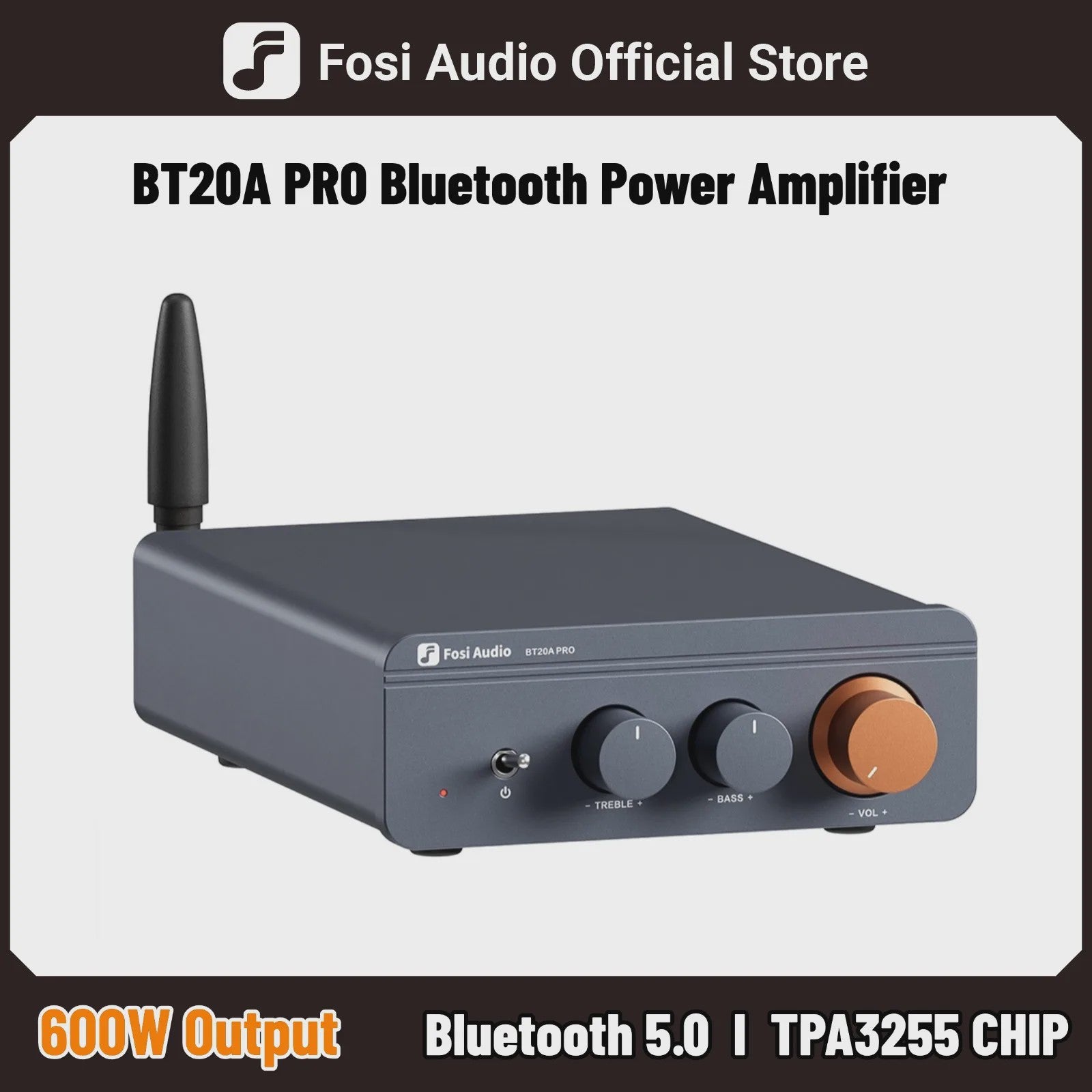 Fosi Audio BT20A PRO Bluetooth 5.0 Versterker - 2x 300W Mini HiFi Stereo Klasse D Audio Versterker met Bass & Treble Controle