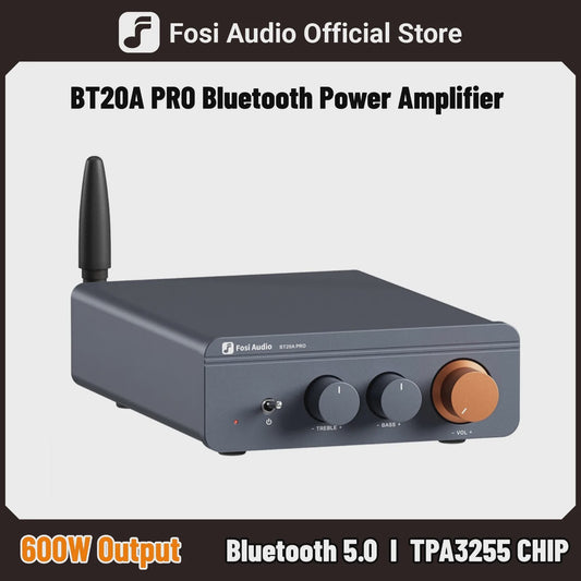 Fosi Audio BT20A PRO Bluetooth 5.0 Versterker - 2x 300W Mini HiFi Stereo Klasse D Audio Versterker met Bass & Treble Controle
