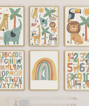 Boho Jungle Safari Dieren Canvas Muurdecoratie - Leeuw, Olifant, Luipaard & Regenboog Posters voor Kinderkamer