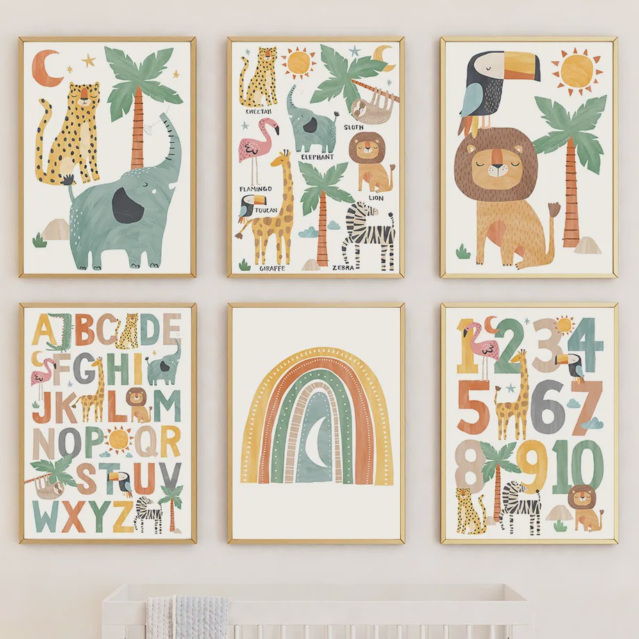 Boho Jungle Safari Dieren Canvas Muurdecoratie - Leeuw, Olifant, Luipaard & Regenboog Posters voor Kinderkamer