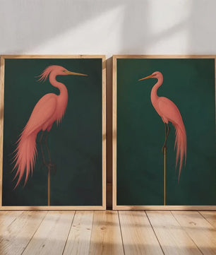 Japandi Poster Set: Roze Japanse Kraanvogels & Blauwe Reigers op Canvas