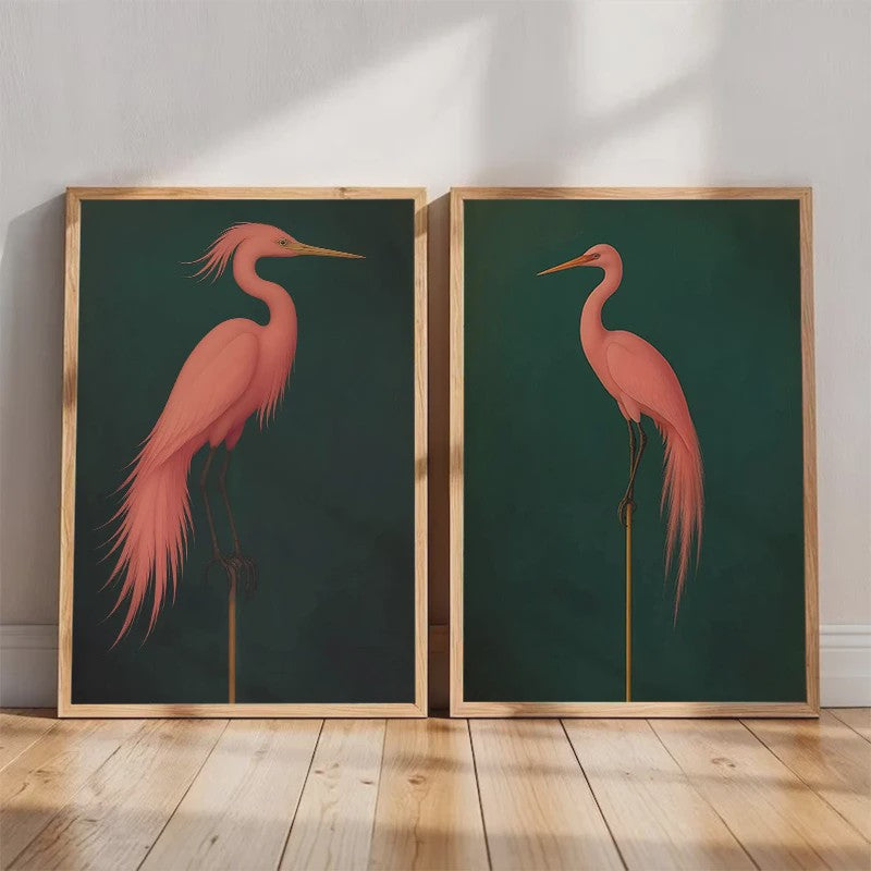 Japandi Poster Set: Roze Japanse Kraanvogels & Blauwe Reigers op Canvas