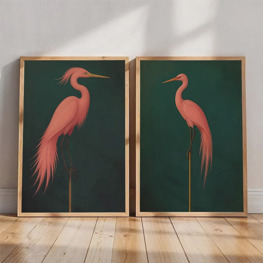 Japandi Poster Set: Roze Japanse Kraanvogels & Blauwe Reigers op Canvas