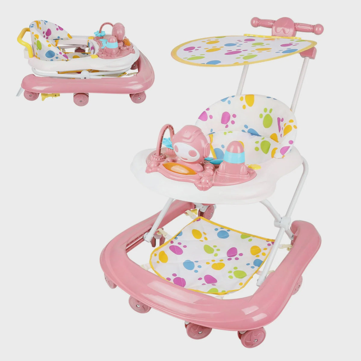 3-in-1 Opvouwbare Baby Walker met Zonnekap, Speelblad en 360° Wielen - Vanaf 6 Maanden