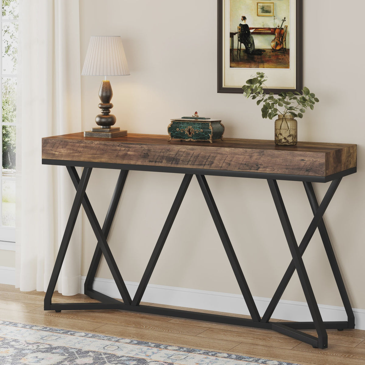 Industriële Console Tafel 140cm - Landelijke Entree Tafel met Unieke Metalen Poot