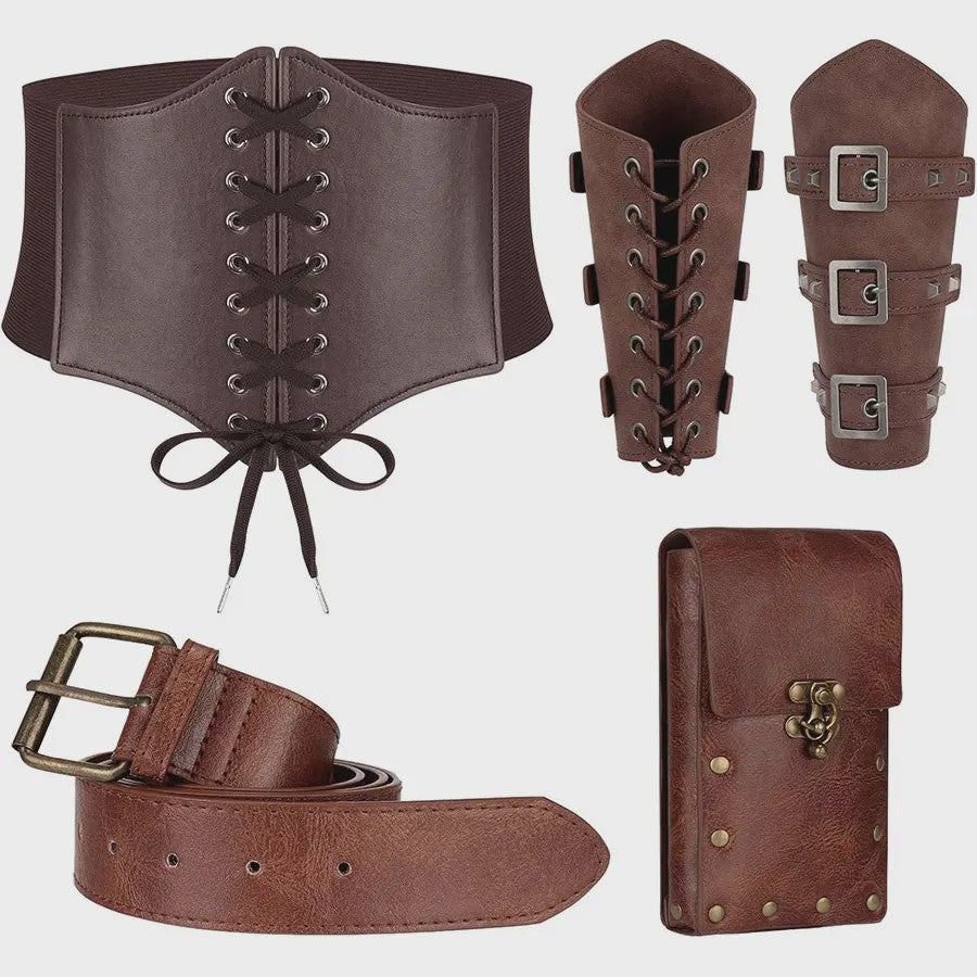 Middeleeuwse Renaissance Kostuum Set: Corset, Riem, Portemonnee & Accessoires