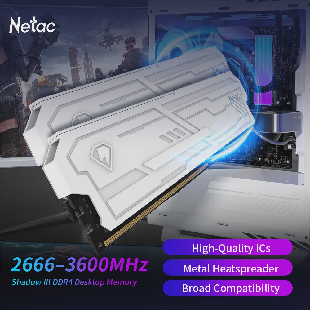 Netac Shadow III DDR4 RAM Geheugen - 3200MHz/3600MHz - Desktop UDIMM met Metalen Heatsink