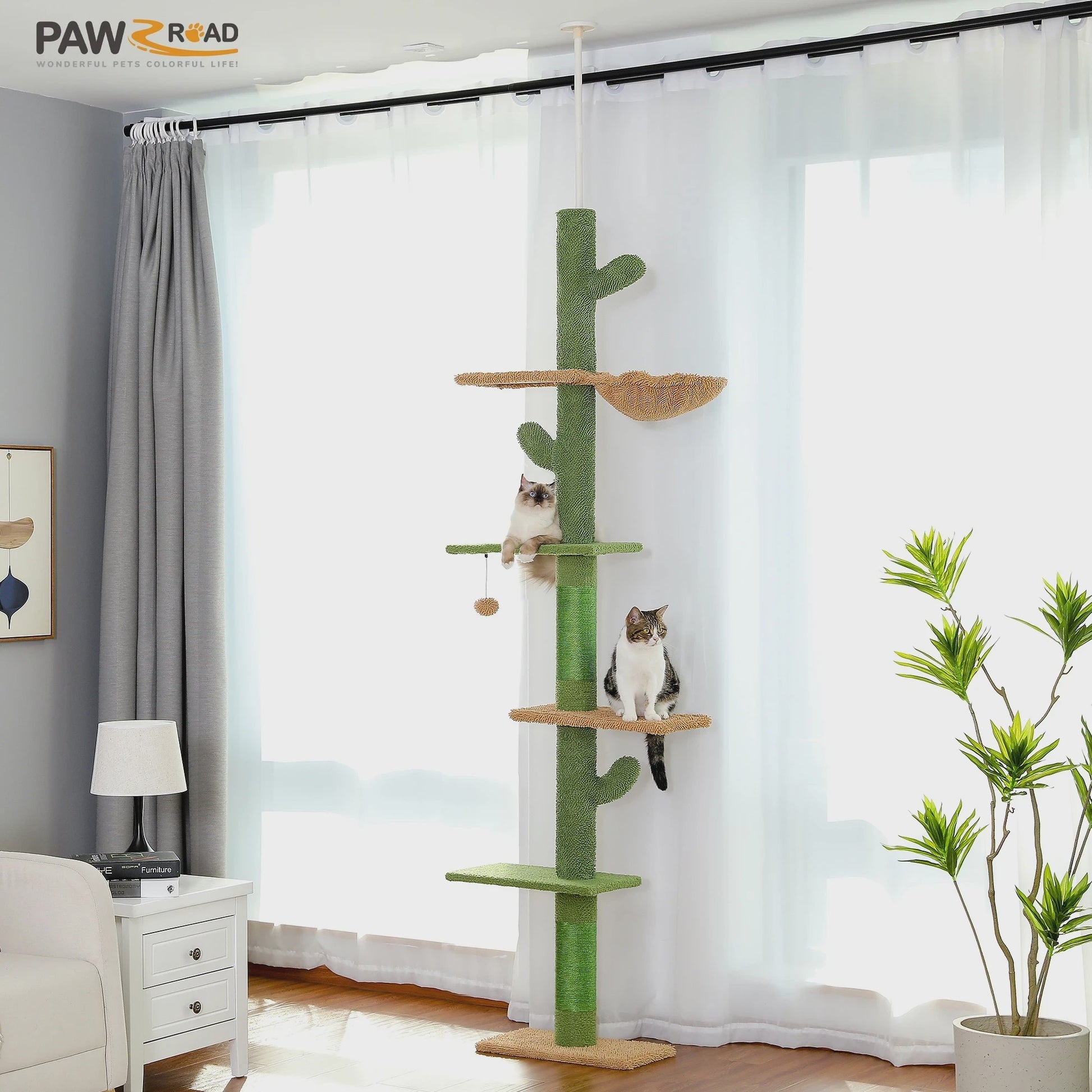 Cactus Kattenboom 5-Tier Vloer tot Plafond Klimpaal met Hangmat & Krabpaal