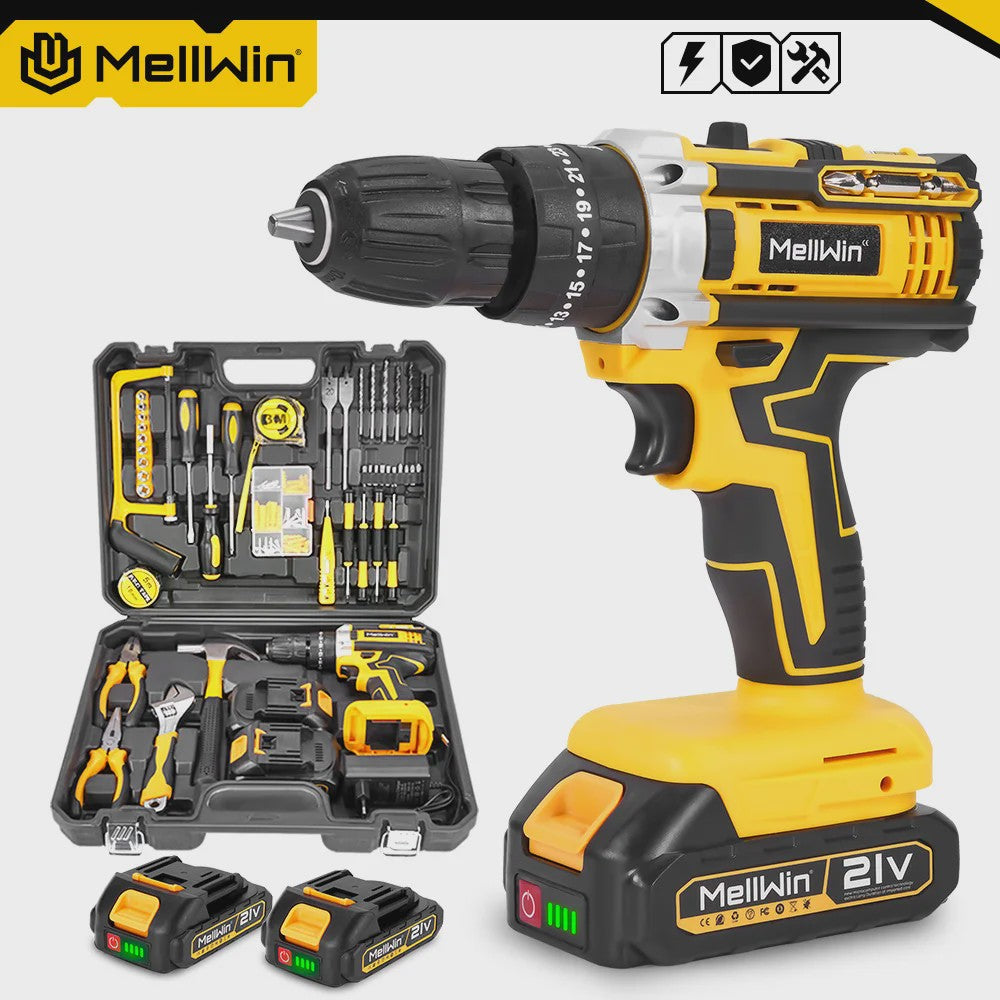 MELLWIN Accu Klopboormachine Set 25+3 Nm Koppel - 10mm Klopboormachine met 2x 21V Batterijen