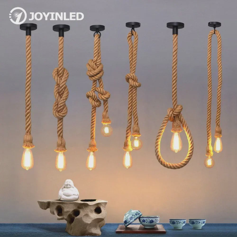Industriële Vintage Houten Touw Hanglamp E27 - Sfeervolle Verlichting voor Loft, Woonkamer & Bar