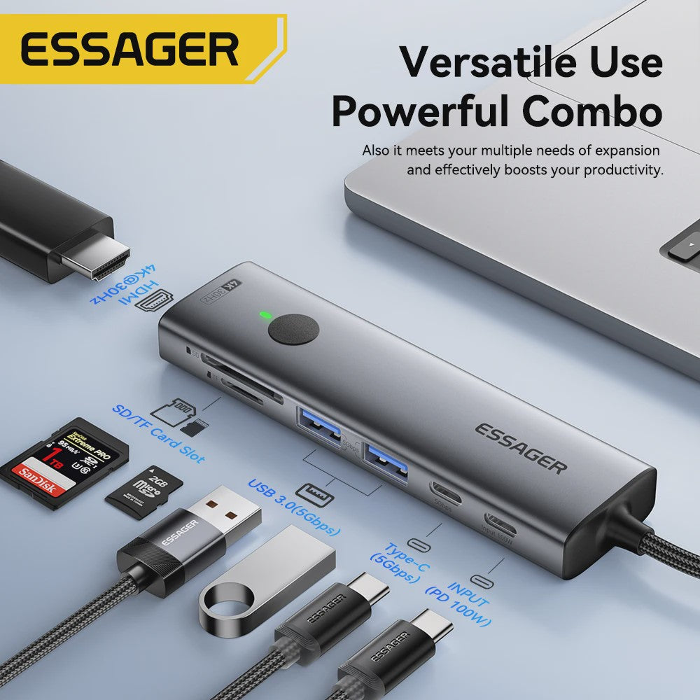 Essager 7-in-1 USB-C Hub: 4K HDMI, 100W PD, USB 3.0 & SD/TF Kaartlezer
