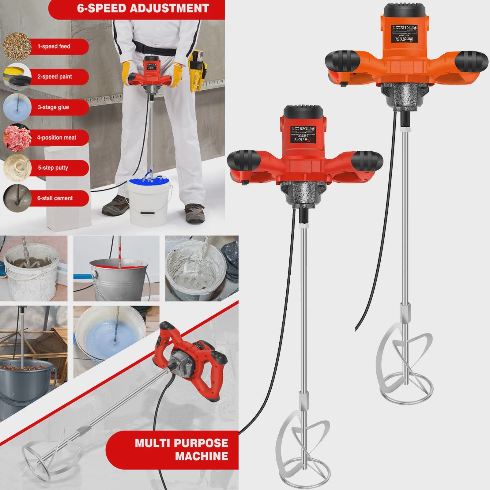 Krachtige Handmixer 2600W - 6 Snelheden voor Verf, Cement en Meer