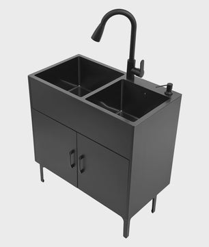 Dubbele RVS Spoelbak met Zwart Wastafelmeubel - Vrijstaand 30-Inch