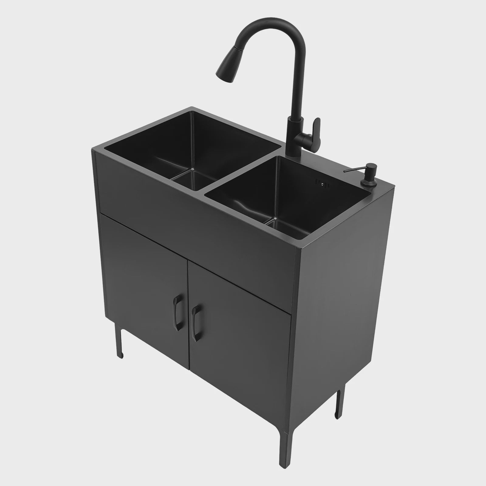 Dubbele RVS Spoelbak met Zwart Wastafelmeubel - Vrijstaand 30-Inch