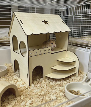 Houten Hamsterhuis met Twee Verdiepingen en Trapje - Speelhuisje & Schuilplaats