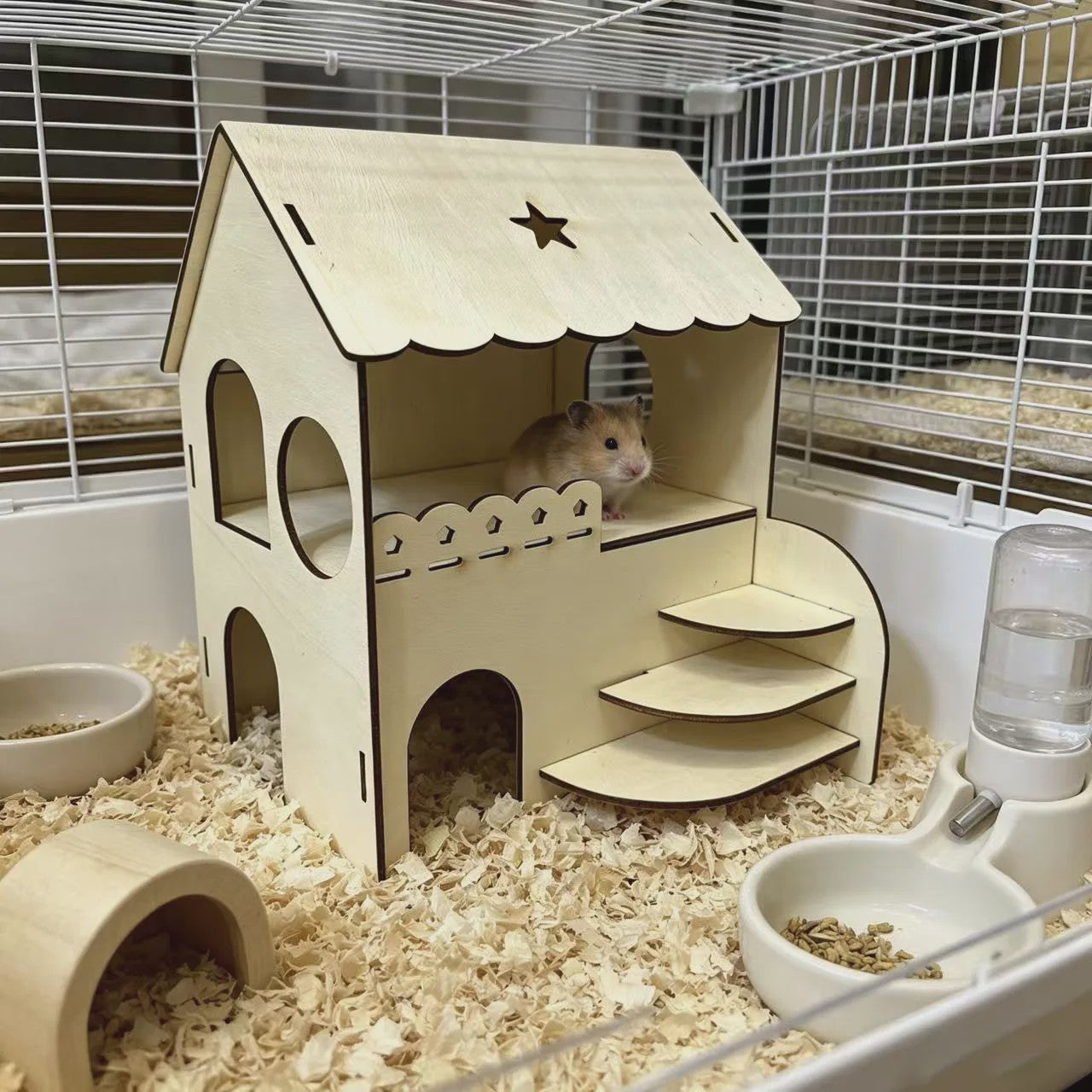 Houten Hamsterhuis met Twee Verdiepingen en Trapje - Speelhuisje & Schuilplaats