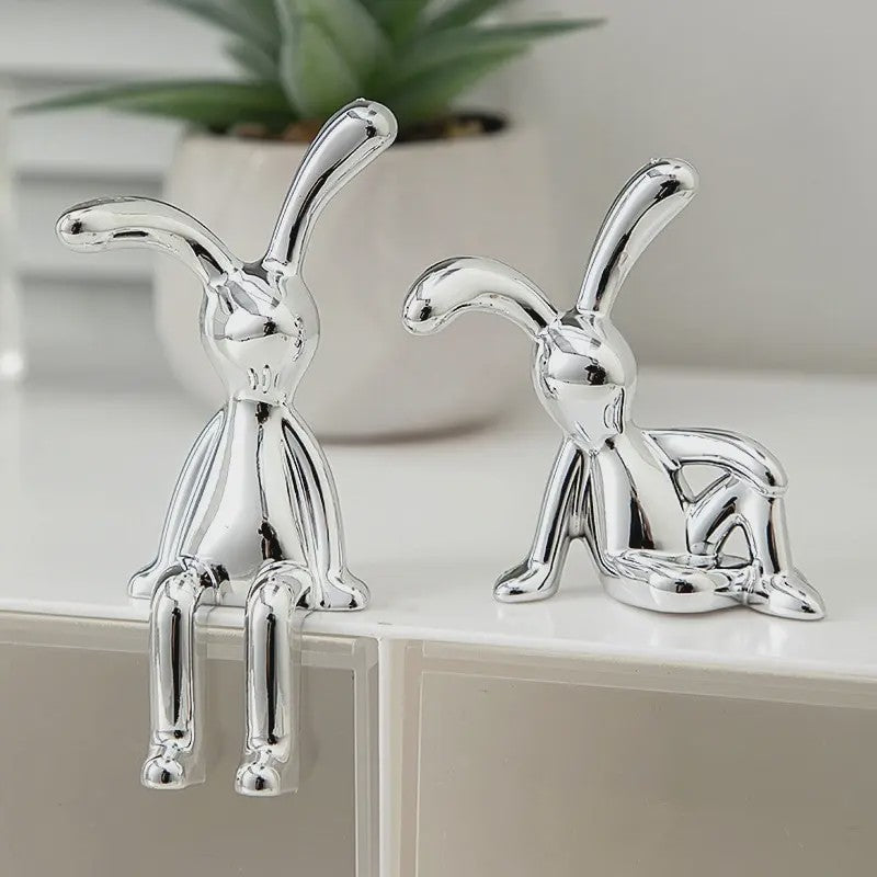 Set van 2 Zilverkleurige Konijnenbeeldjes - Decoratie voor Woonkamer, Slaapkamer, Auto & Bureau