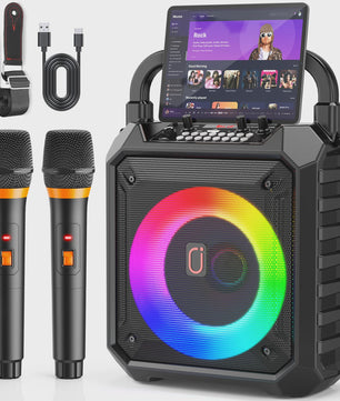 Karaoke Machine met Bluetooth, 2 Microfoons en LED Verlichting - Draagbaar Home Karaoke Systeem