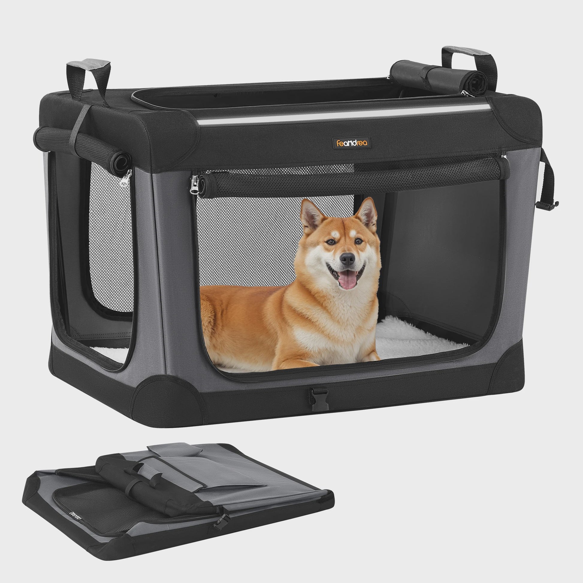 FEANDREA Opvouwbare Honden Transportbox - Oxford Stof, 4 Mesh Deuren, Medium Honden, Zwart