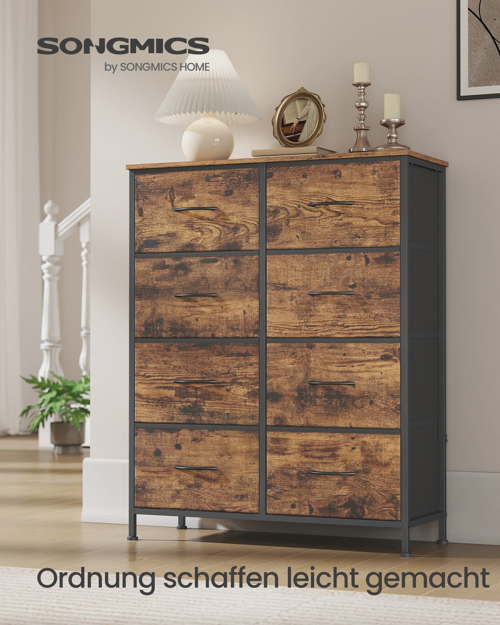 SONGMICS Ladekast met 8 Lades - Stijlvolle Opbergkast in Vintage Hout-Look en Staal