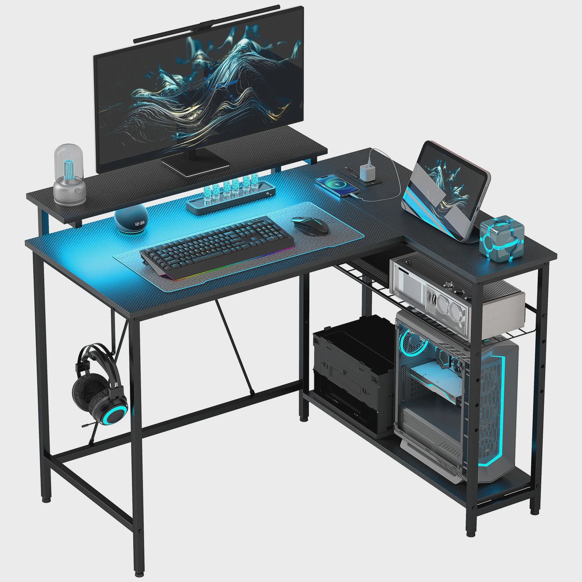 HOMCOM Hoekbureau met LED, 2 stopcontacten, 2 USB-poorten & Verstelbare Mand - 107x80cm Zwart