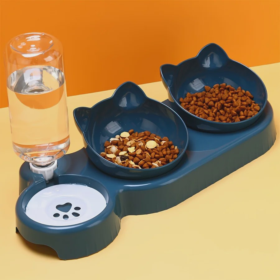 3-in-1 Kattenvoerbak met Waterdispenser en Nekbescherming - Schuin Ontwerp