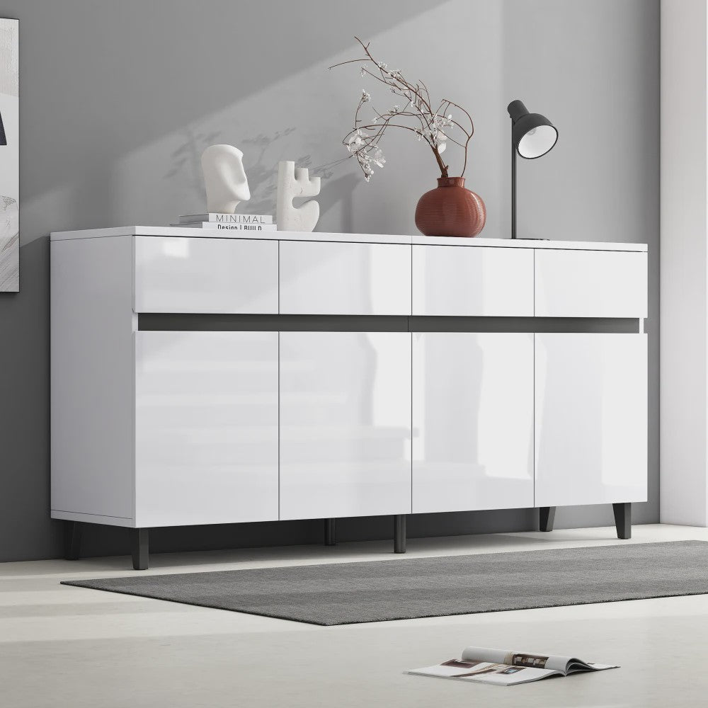 Moderne Hoogglans Sideboardkast met 4 Lades, 2 Deuren en Verstelbare Planken