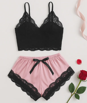 Dames Pyjamaset Satijn met Kant - Sexy Cami Top en Shorts Nachtkleding Zomer