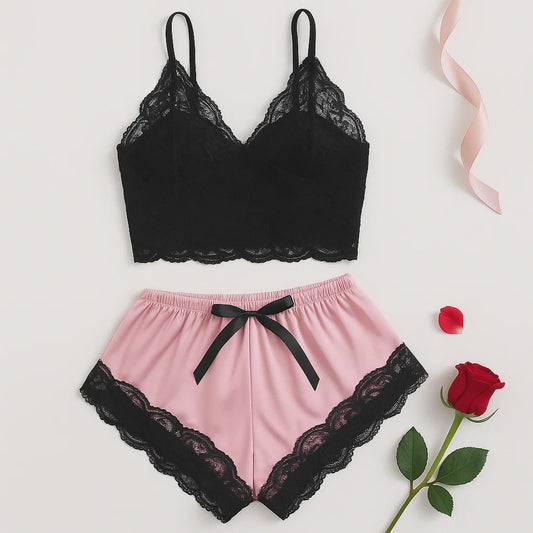 Dames Pyjamaset Satijn met Kant - Sexy Cami Top en Shorts Nachtkleding Zomer