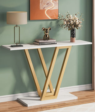 Industriële Console Tafel 110cm - Marmerlook & Goudkleurig Metaal - Hal & Woonkamer