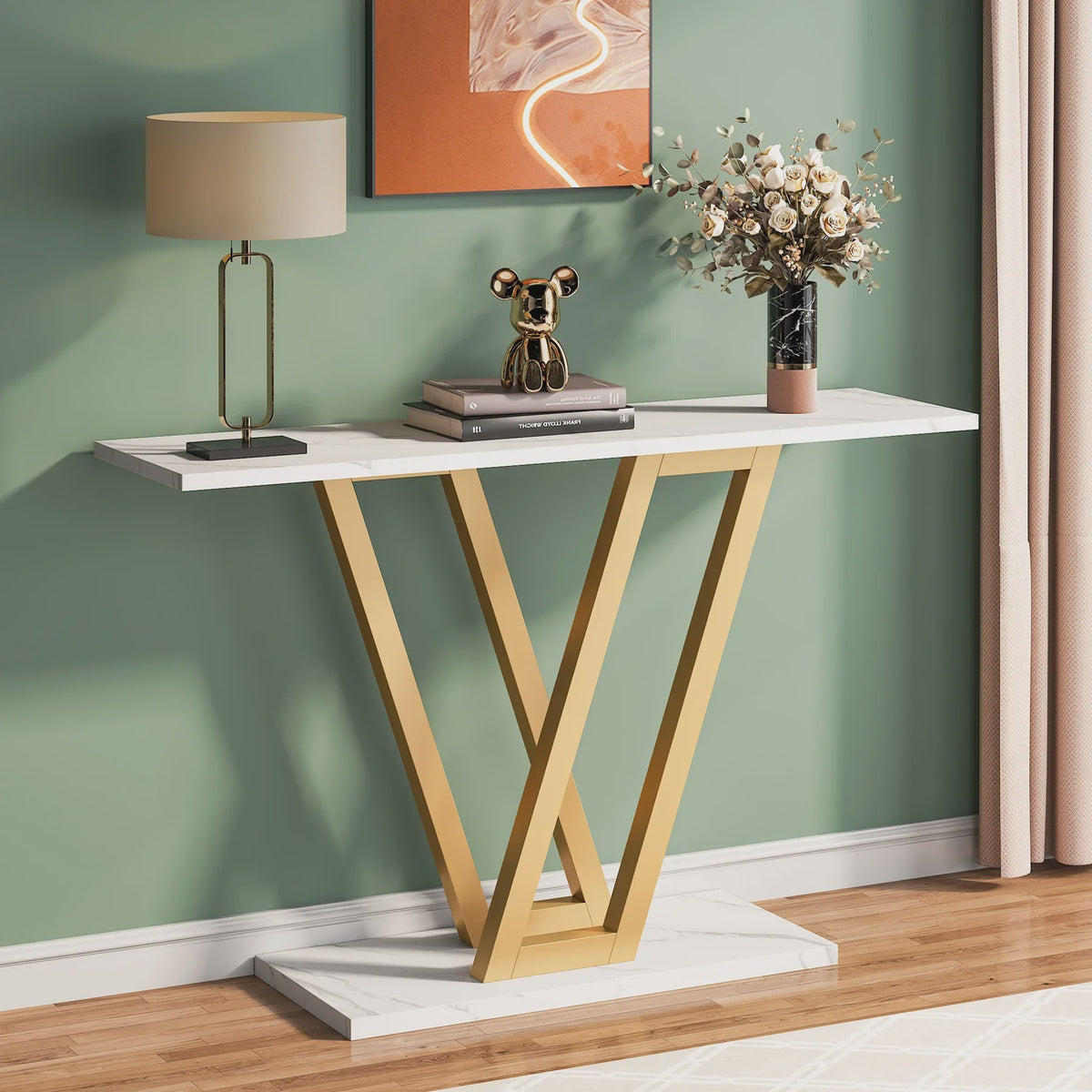 Industriële Console Tafel 110cm - Marmerlook & Goudkleurig Metaal - Hal & Woonkamer