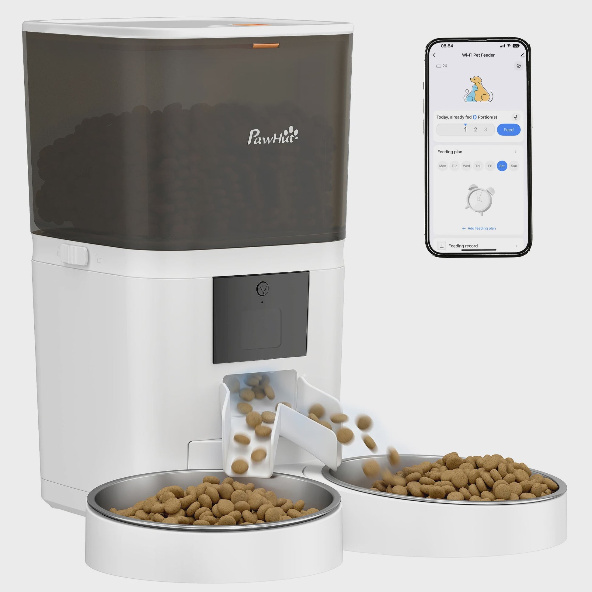 Pawhut Automatische Voerbak 6L met Wifi & App Bediening - Programmeerbaar, 2 Bakken, Spraakopname