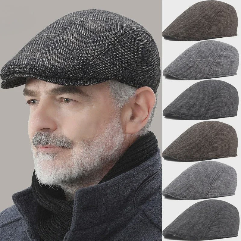 Herfst Winter Heren Flat Cap Wol Blend - Klassieke Baker Boy Pet met Visgraatpatroon