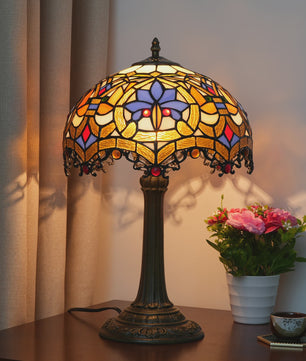 Vintage Gebrandschilderd Glas Tafellamp - Pauwstaart Stijl